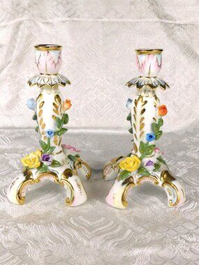 Pair of White KPM Candlesticks with Dimensional Flowers # 27570